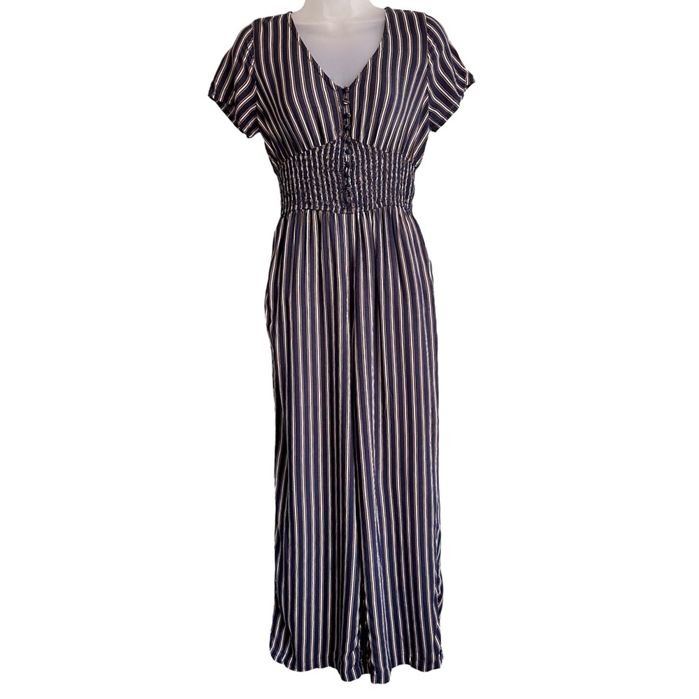 Hollister Women’s Navy White Yellow Striped Jumpsuit Small EUC Coastal Summer